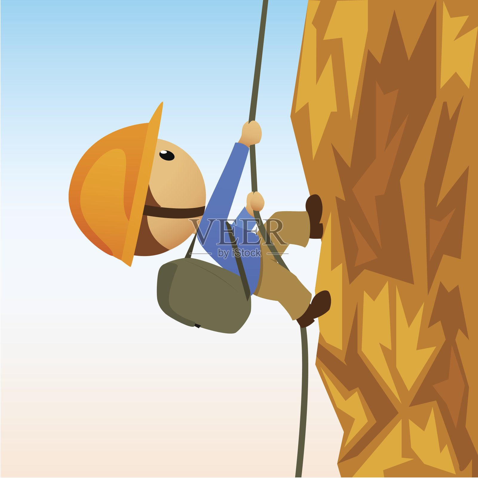 垂直悬崖上的卡通攀岩者插画图片素材
