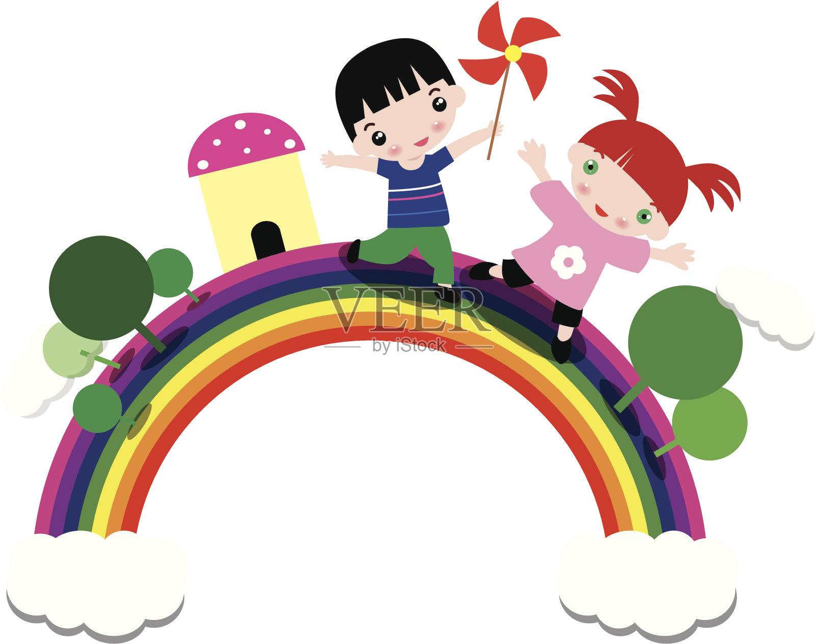 孩子们在彩虹中玩耍插画图片素材