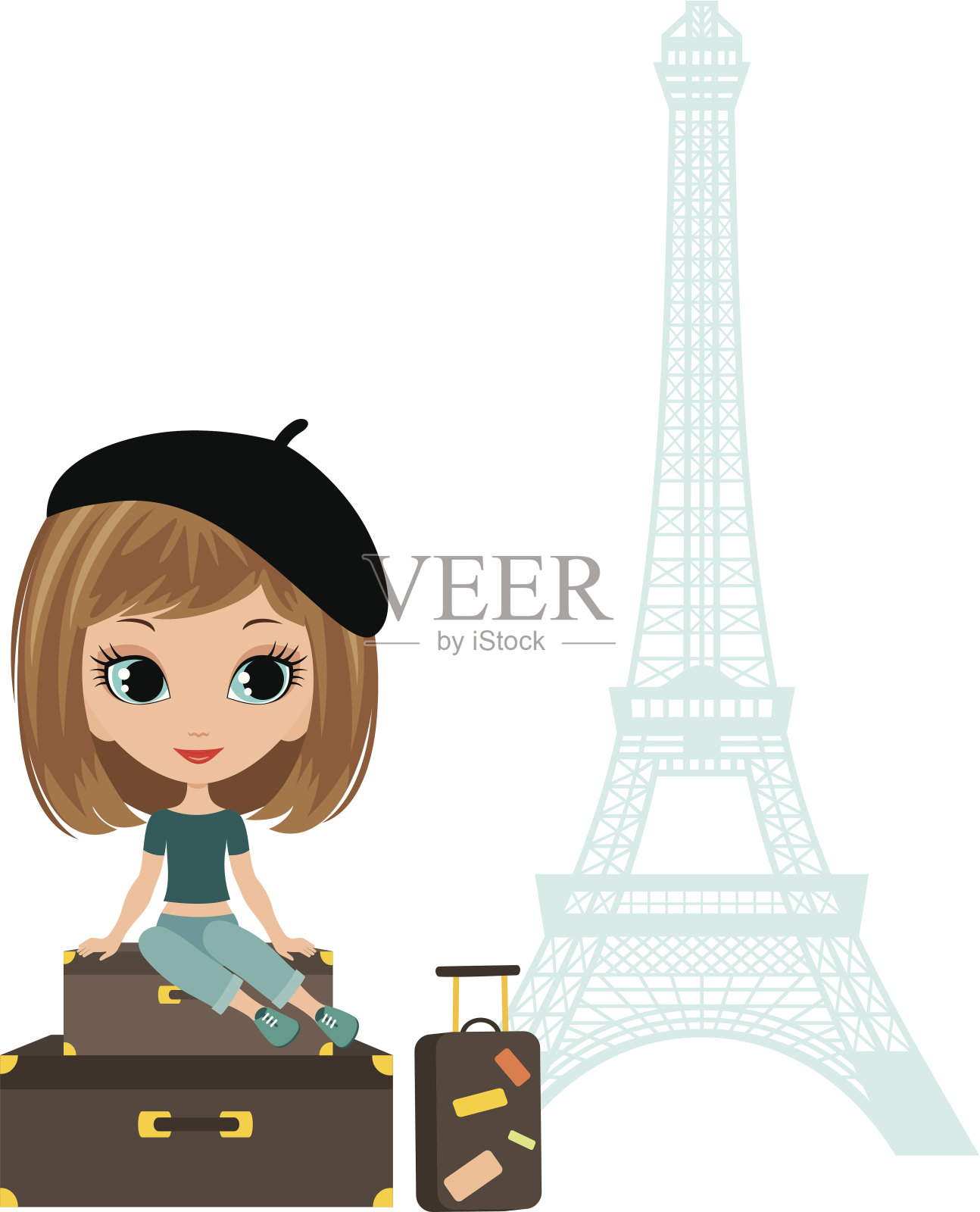 一个漂亮女孩坐在埃菲尔铁塔旁的行李箱上。设计元素图片