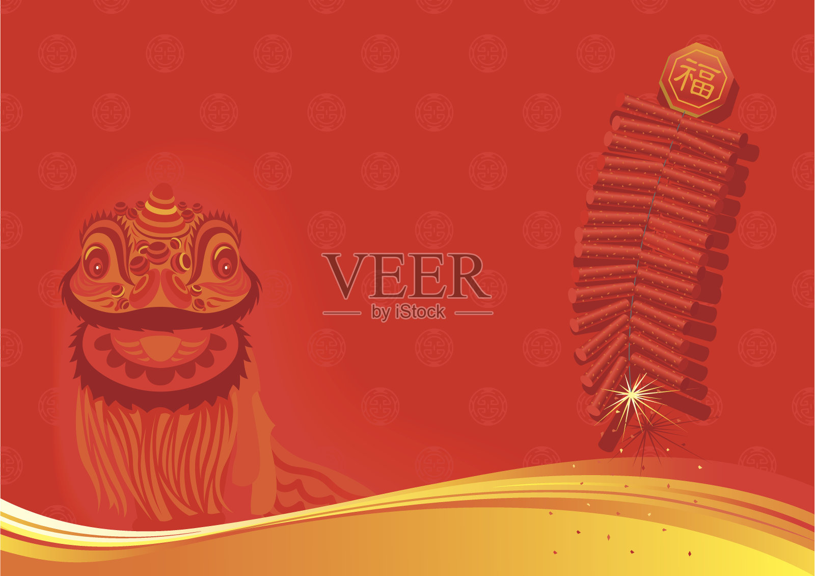 新年的背景-舞狮和鞭炮插画图片素材