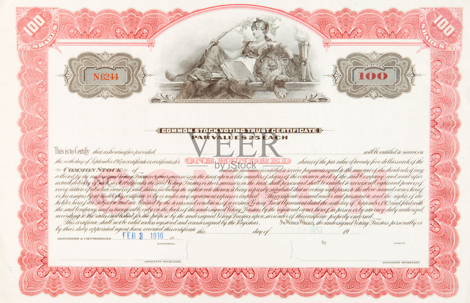 1916年美国股票证书与睡狮共枕的女人插画图片素材