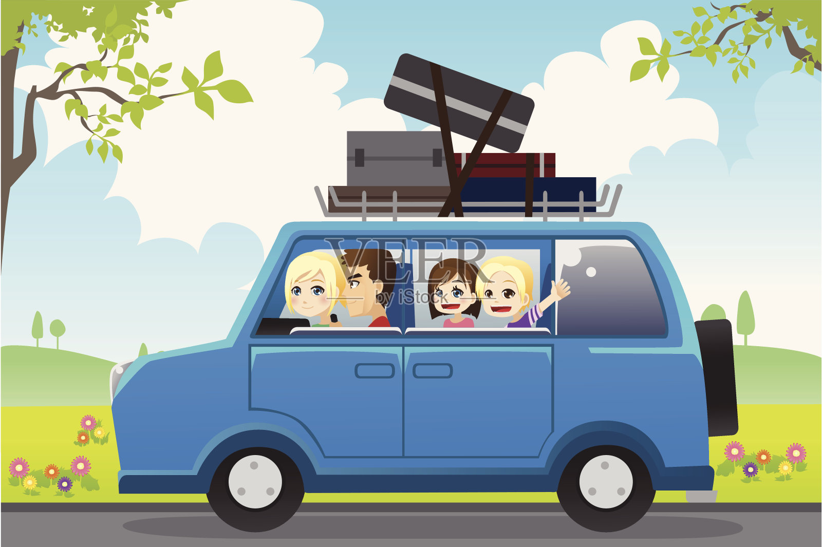 一个家庭在汽车里的卡通形象插画图片素材