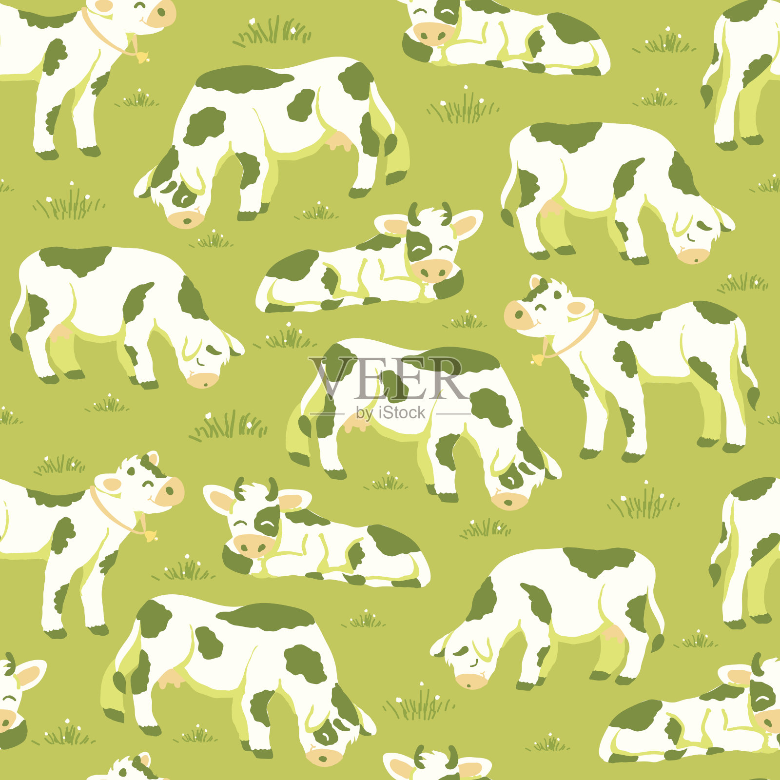 奶牛放牧在牧场无缝模式背景插画图片素材