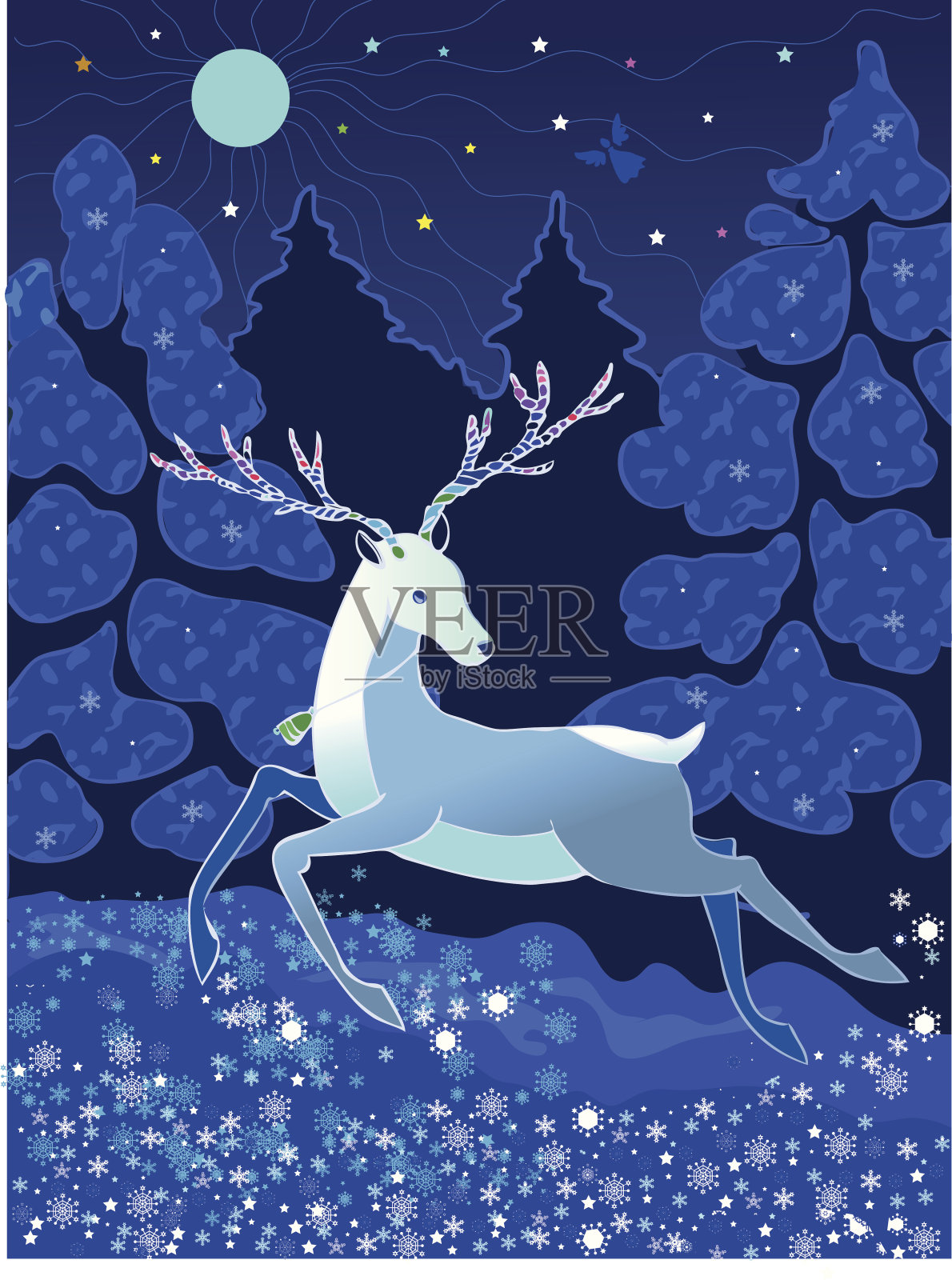 圣诞鹿在冬天的背景与雪花插画图片素材