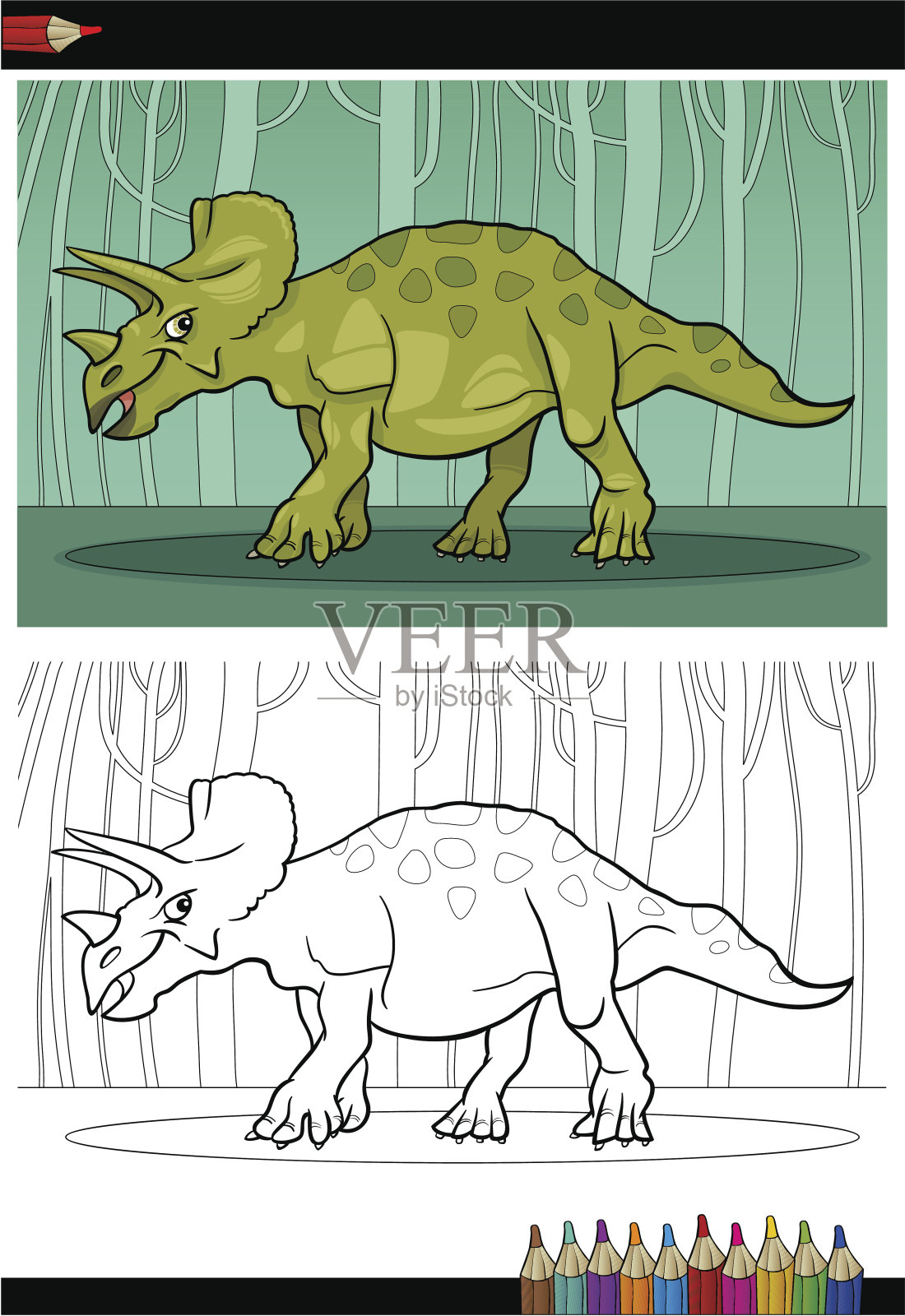 卡通三角龙恐龙着色书插画图片素材