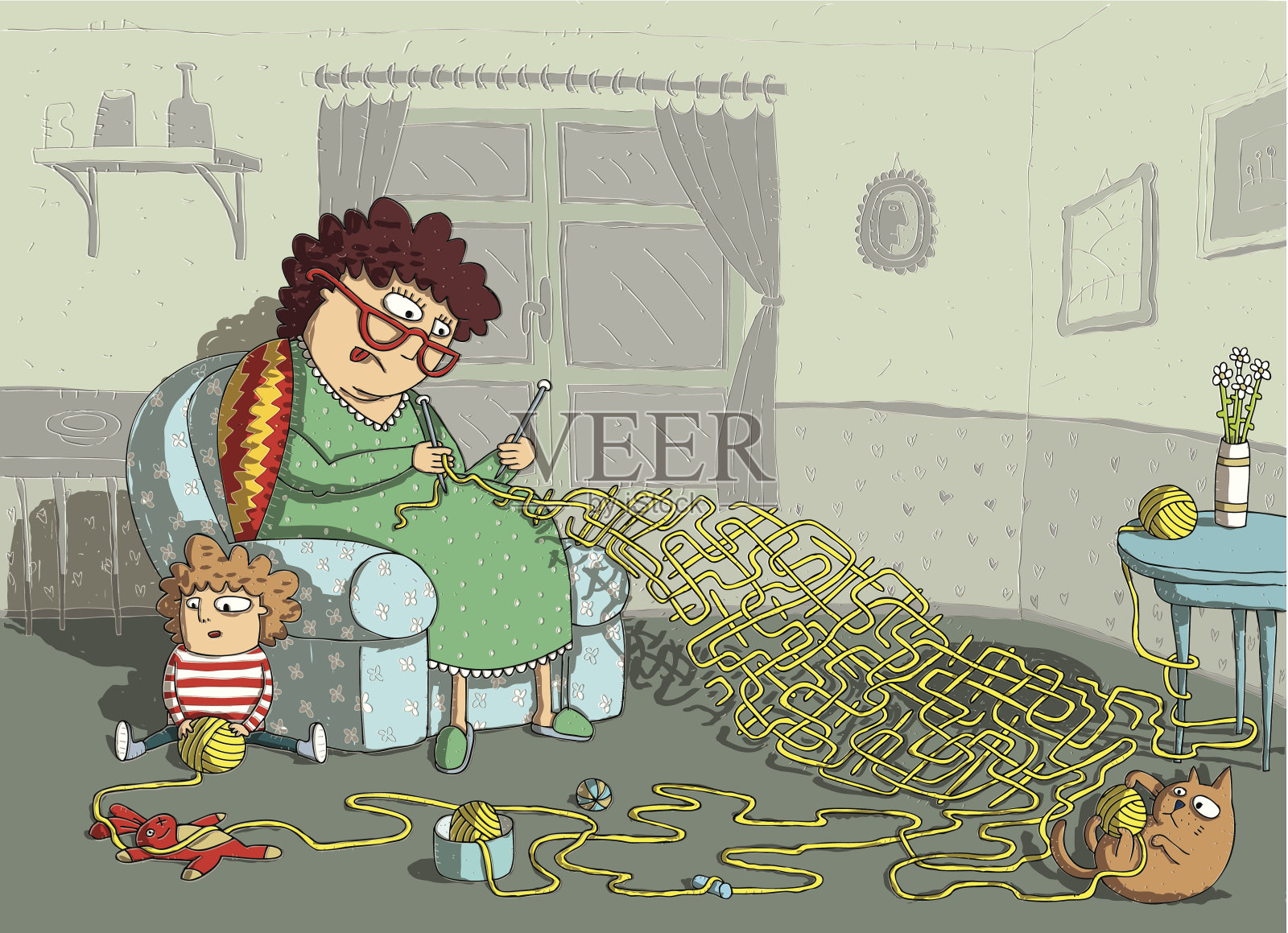奶奶的钩针迷宫游戏插画图片素材
