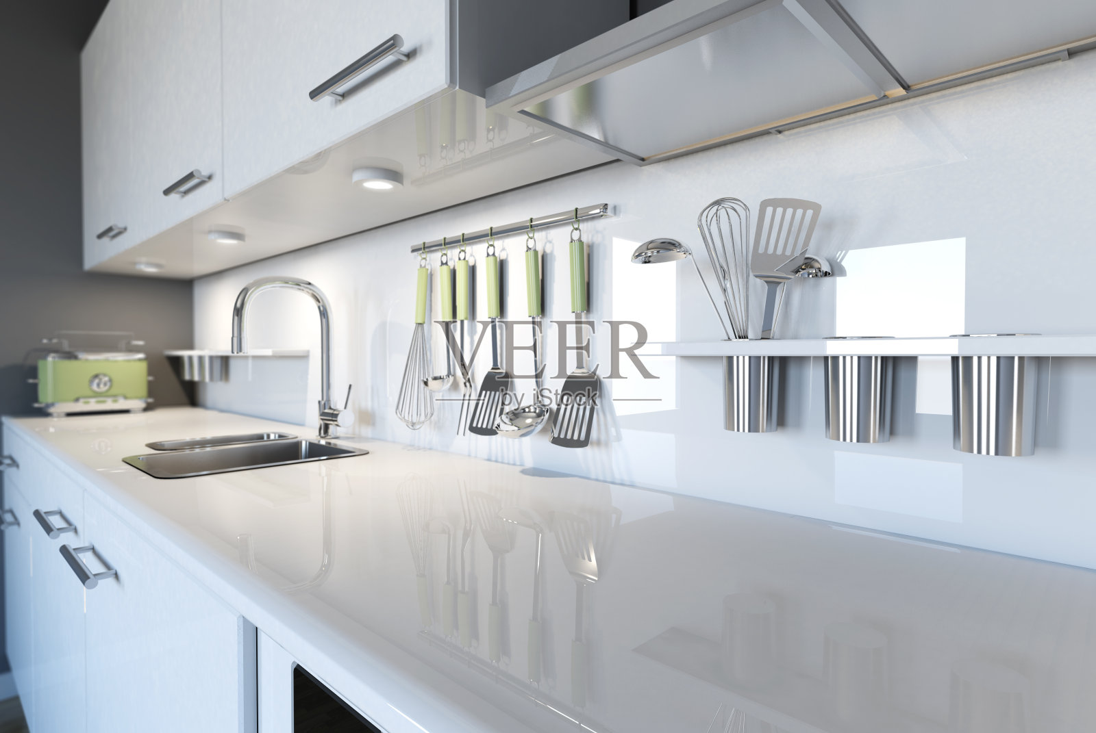 3d图像的现代白色厨房干净的室内设计照片摄影图片