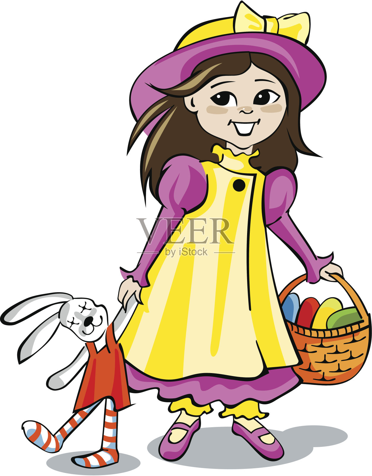 带着复活节彩蛋篮子的可爱女孩插画图片素材