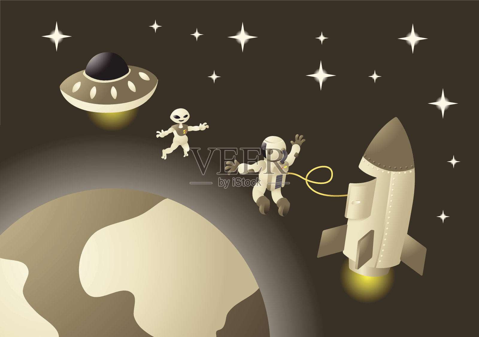 勇敢的宇航员和友好的外星人插画图片素材