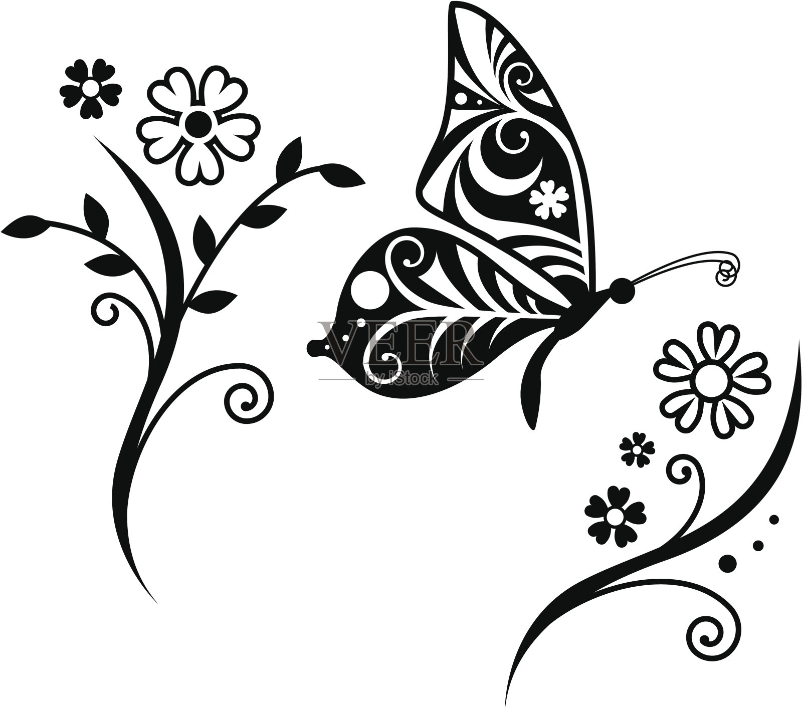 蝴蝶剪影和花枝插画图片素材