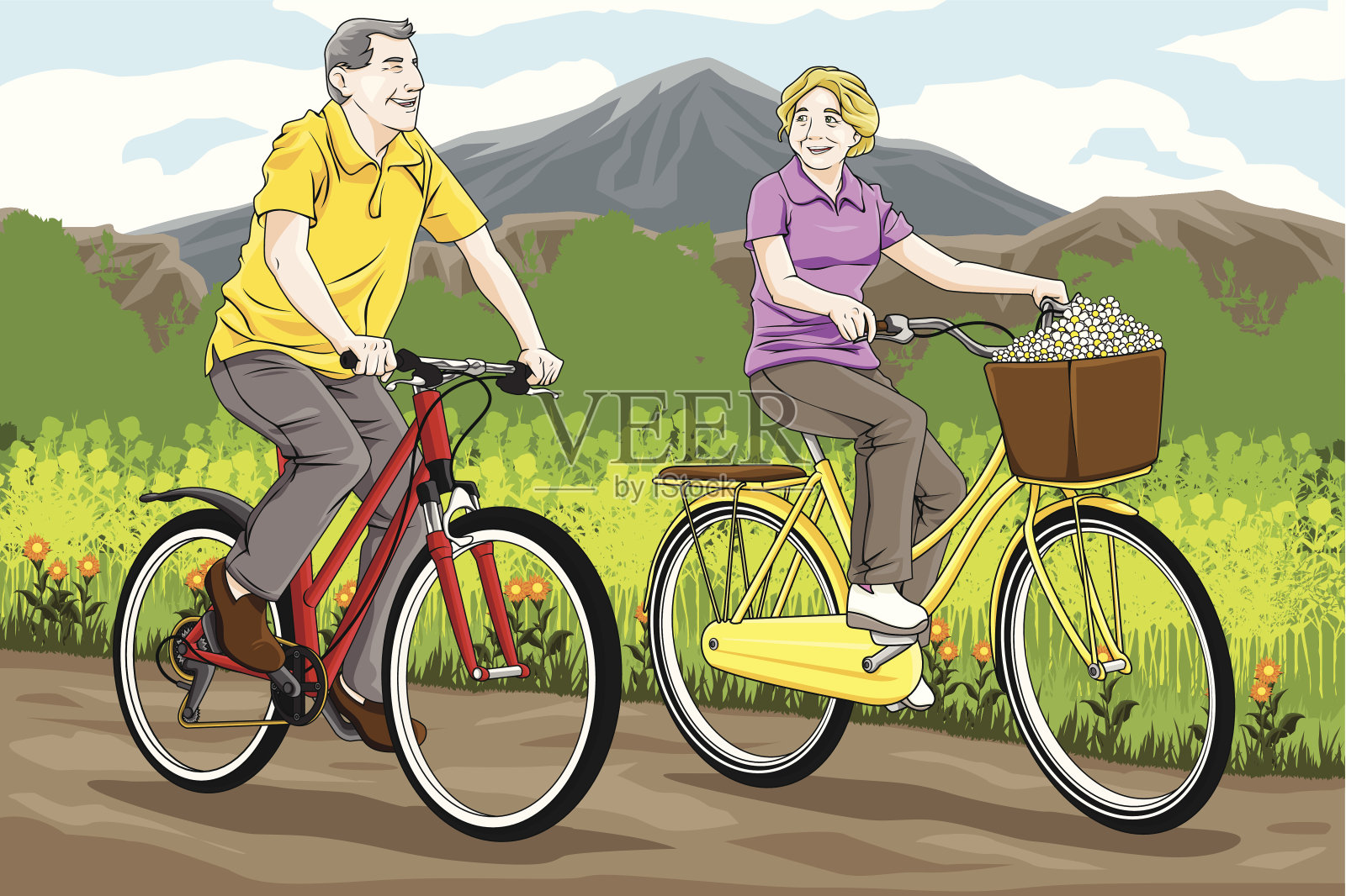 高级夫妇骑自行车插画图片素材