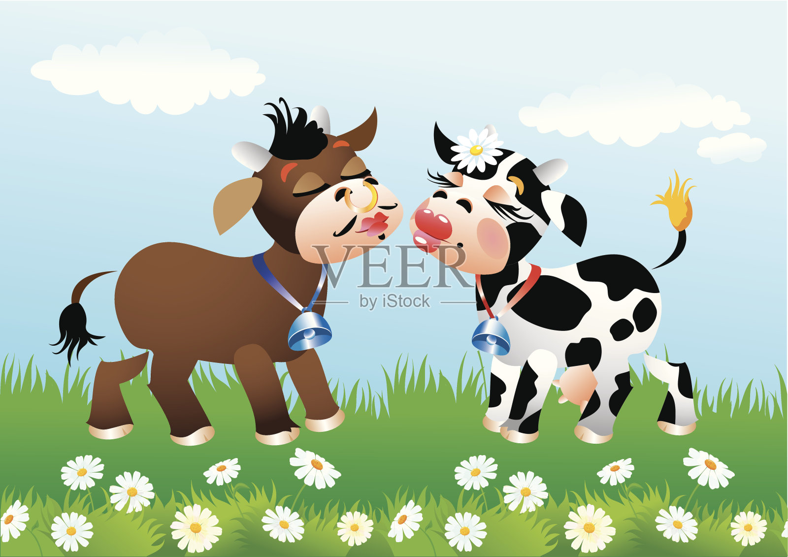 卡通亲吻相爱的奶牛插画图片素材