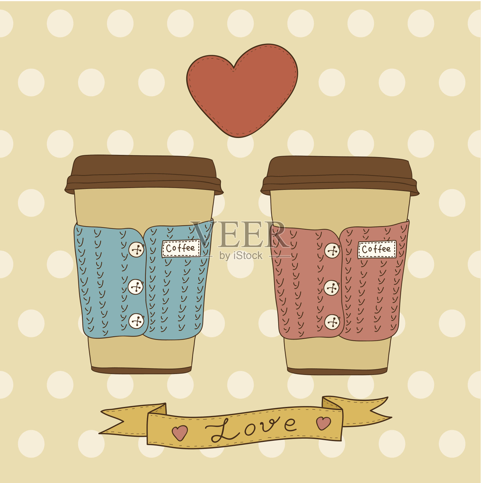两个咖啡杯，穿着冬天的衣服。插画图片素材