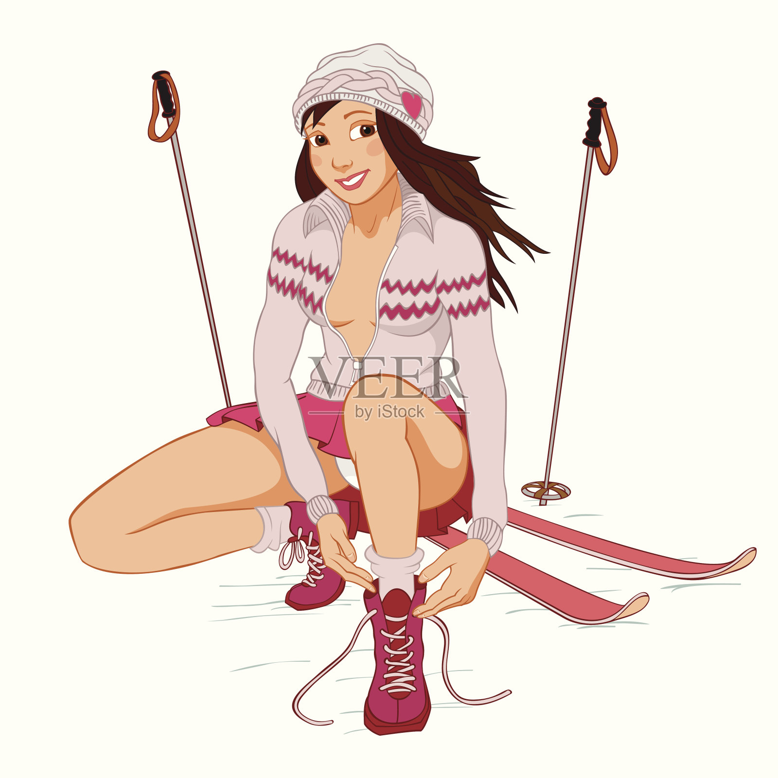 漂亮的海报女郎和滑雪插画图片素材