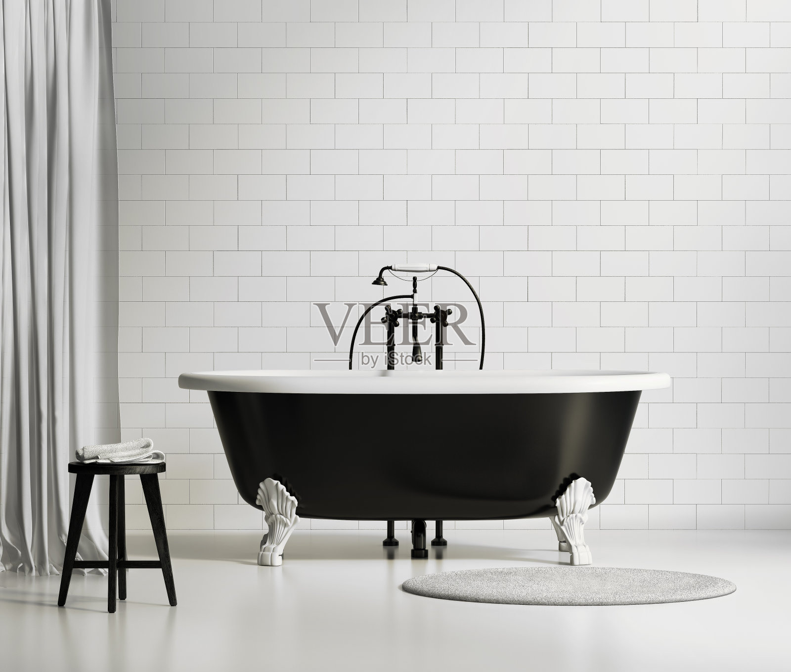 黑色和白色的经典浴缸在砖墙上照片摄影图片