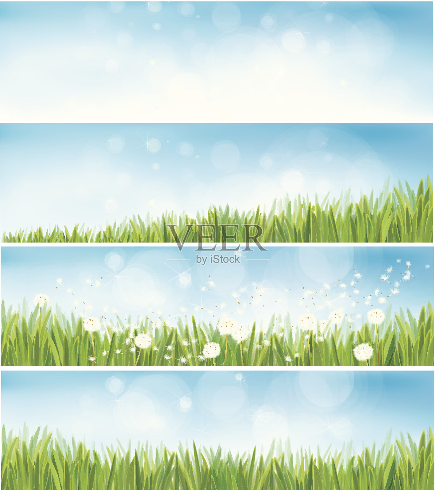 向量自然背景与天空，草和蒲公英。插画图片素材