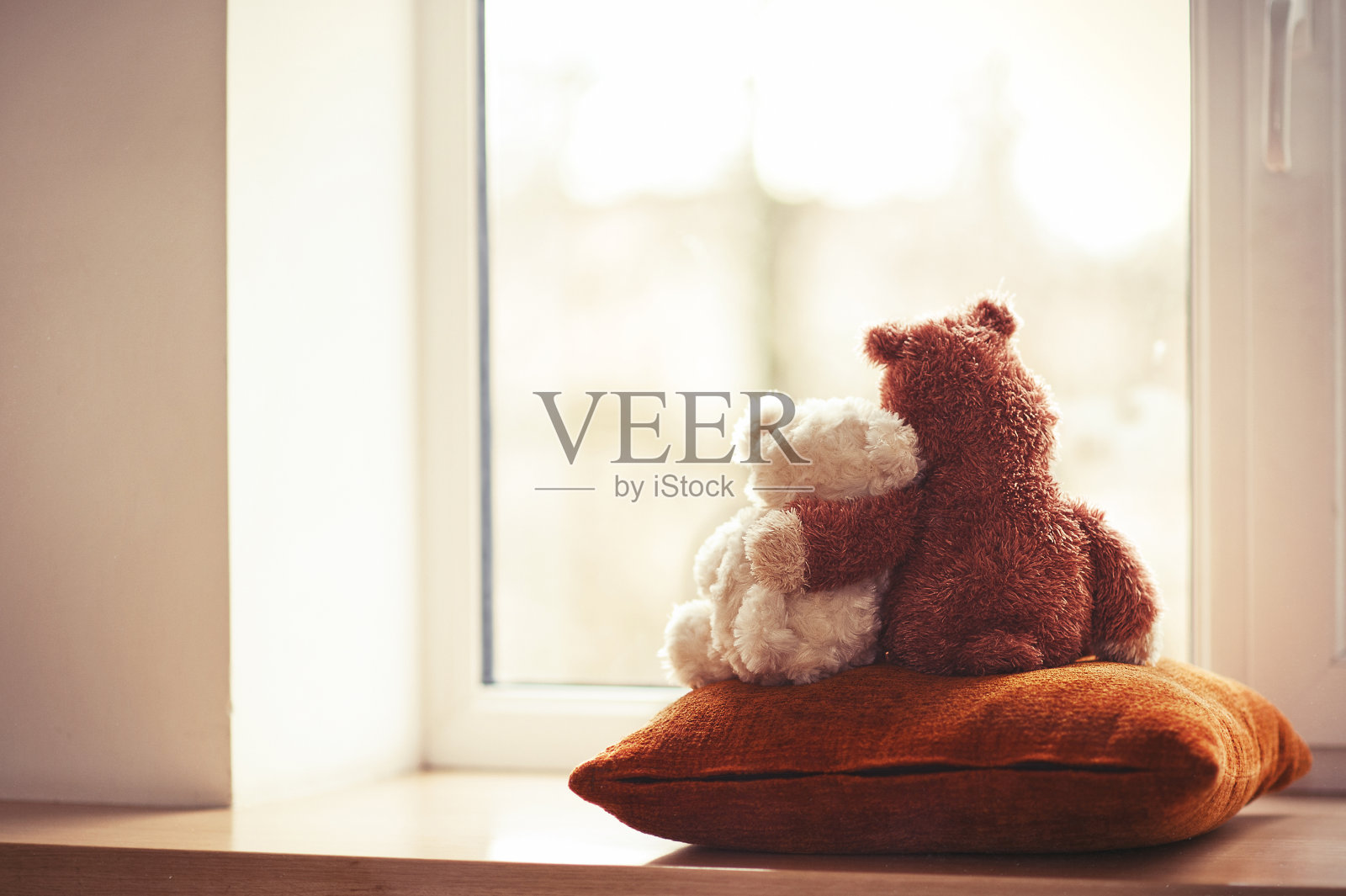 两个抱着泰迪熊的玩具坐在窗台上照片摄影图片