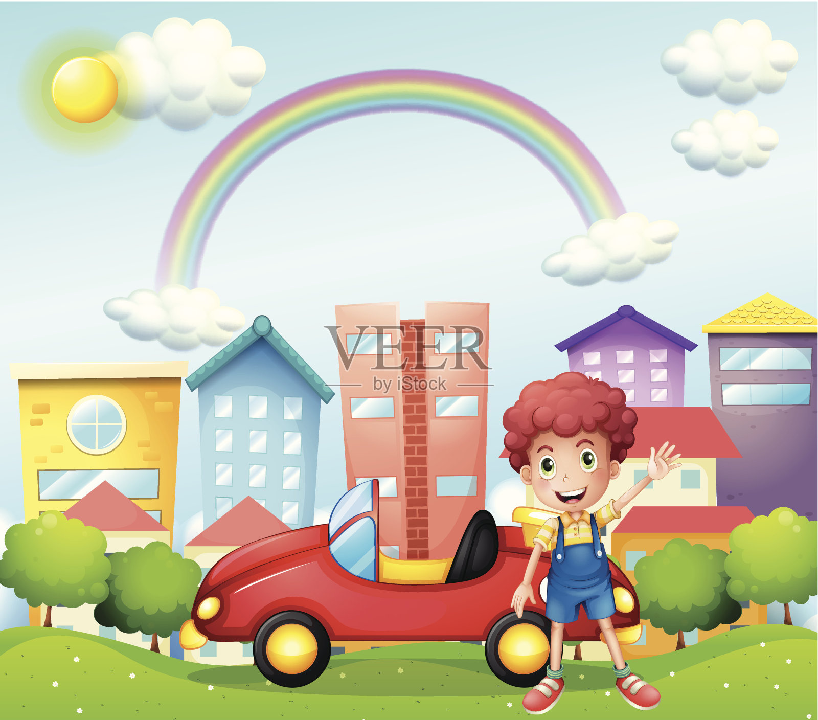 男孩和他的红色汽车靠近高楼插画图片素材