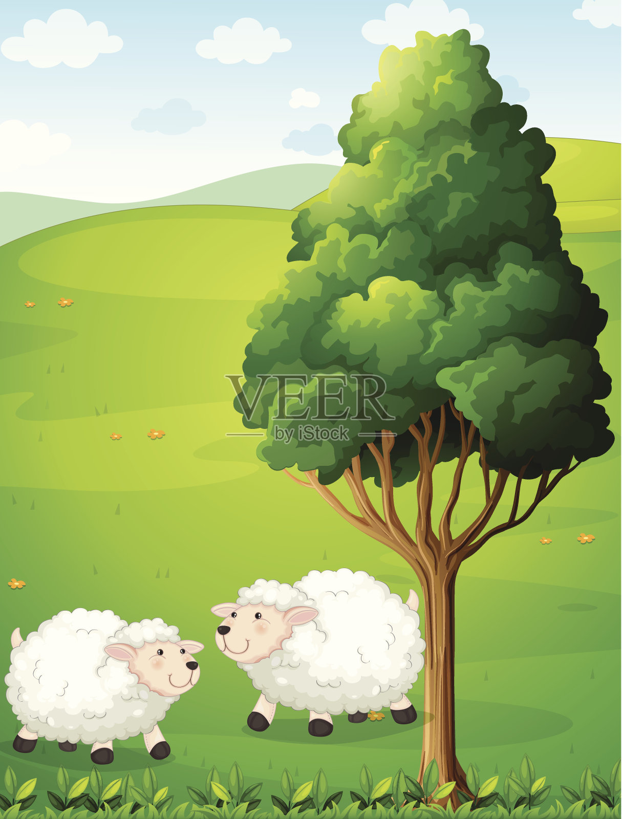 树上的两只羊插画图片素材