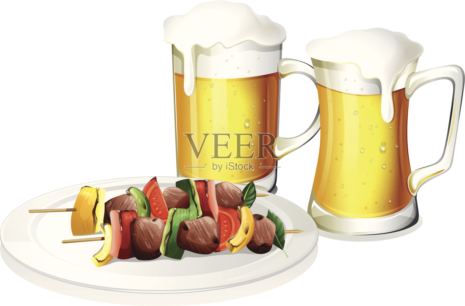 两杯啤酒配一盘烤肉插画图片素材