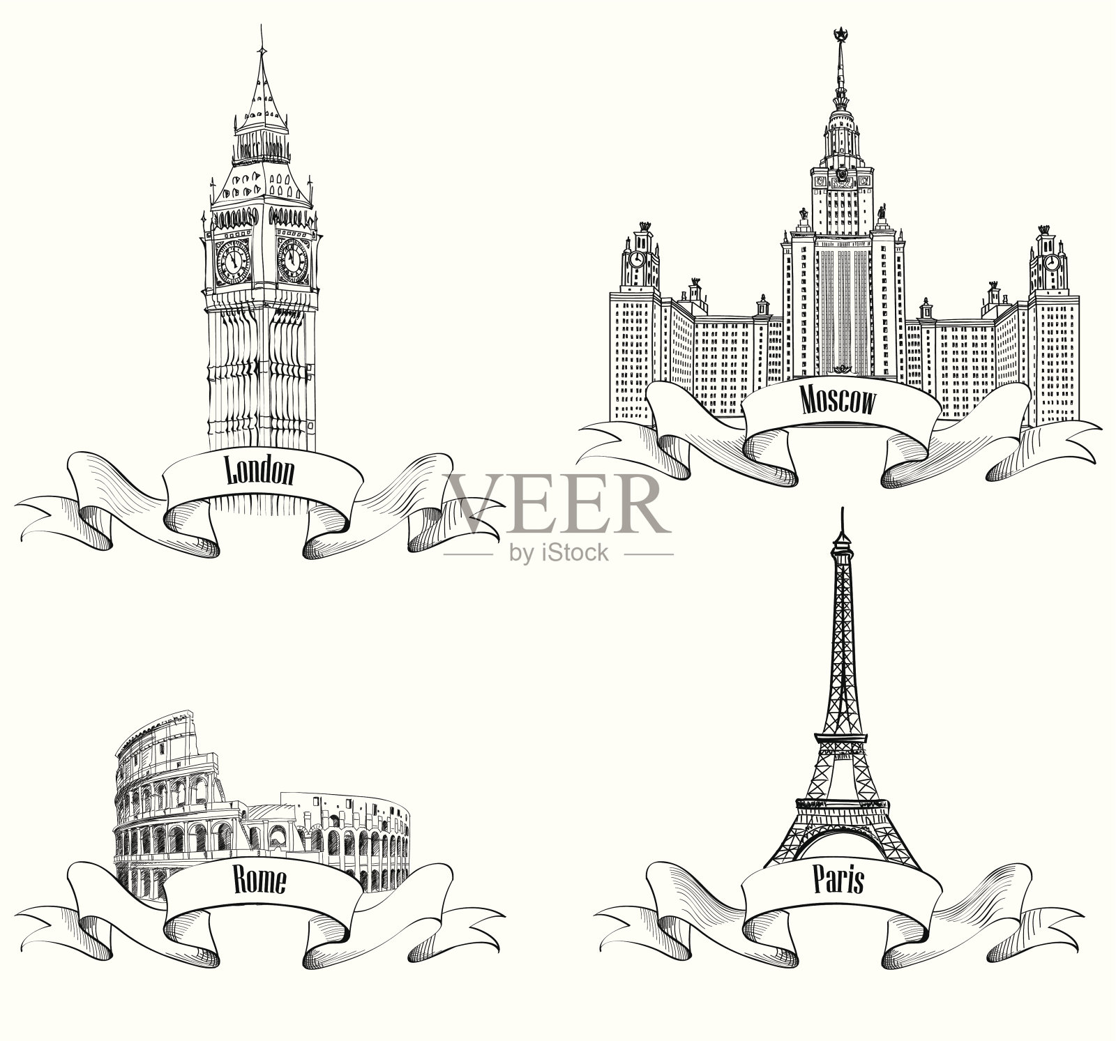 欧洲城市符号素描:巴黎、伦敦、罗马、莫斯科插画图片素材
