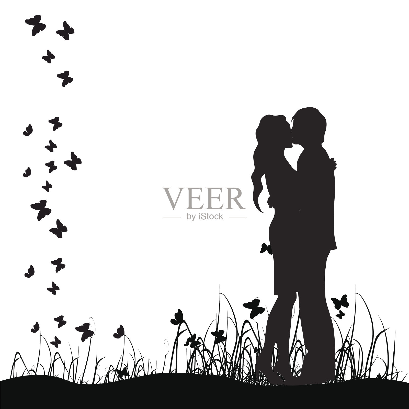 情侣在草地上亲吻，黑色的剪影插画图片素材