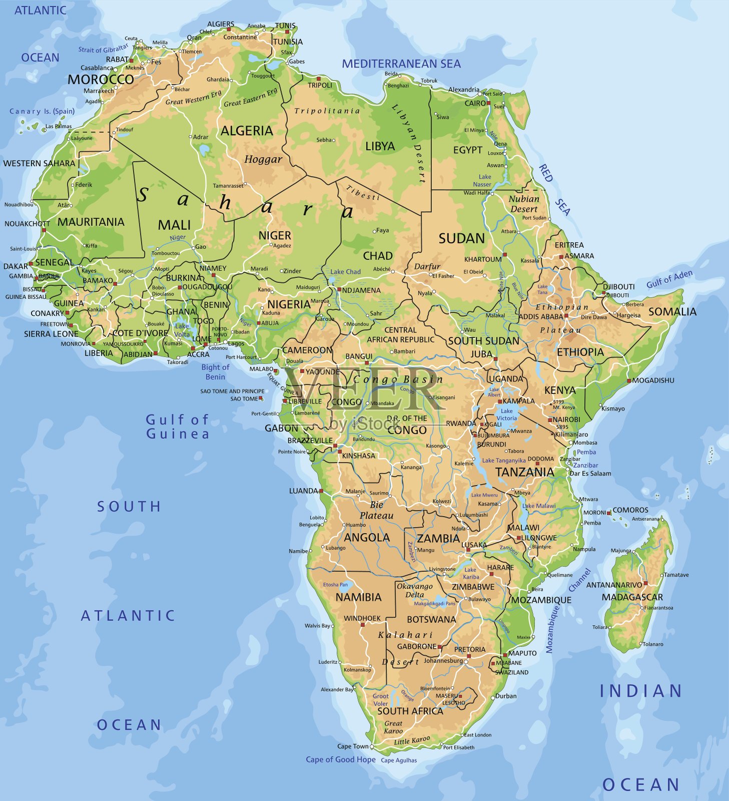 高详细的非洲物理地图。插画图片素材