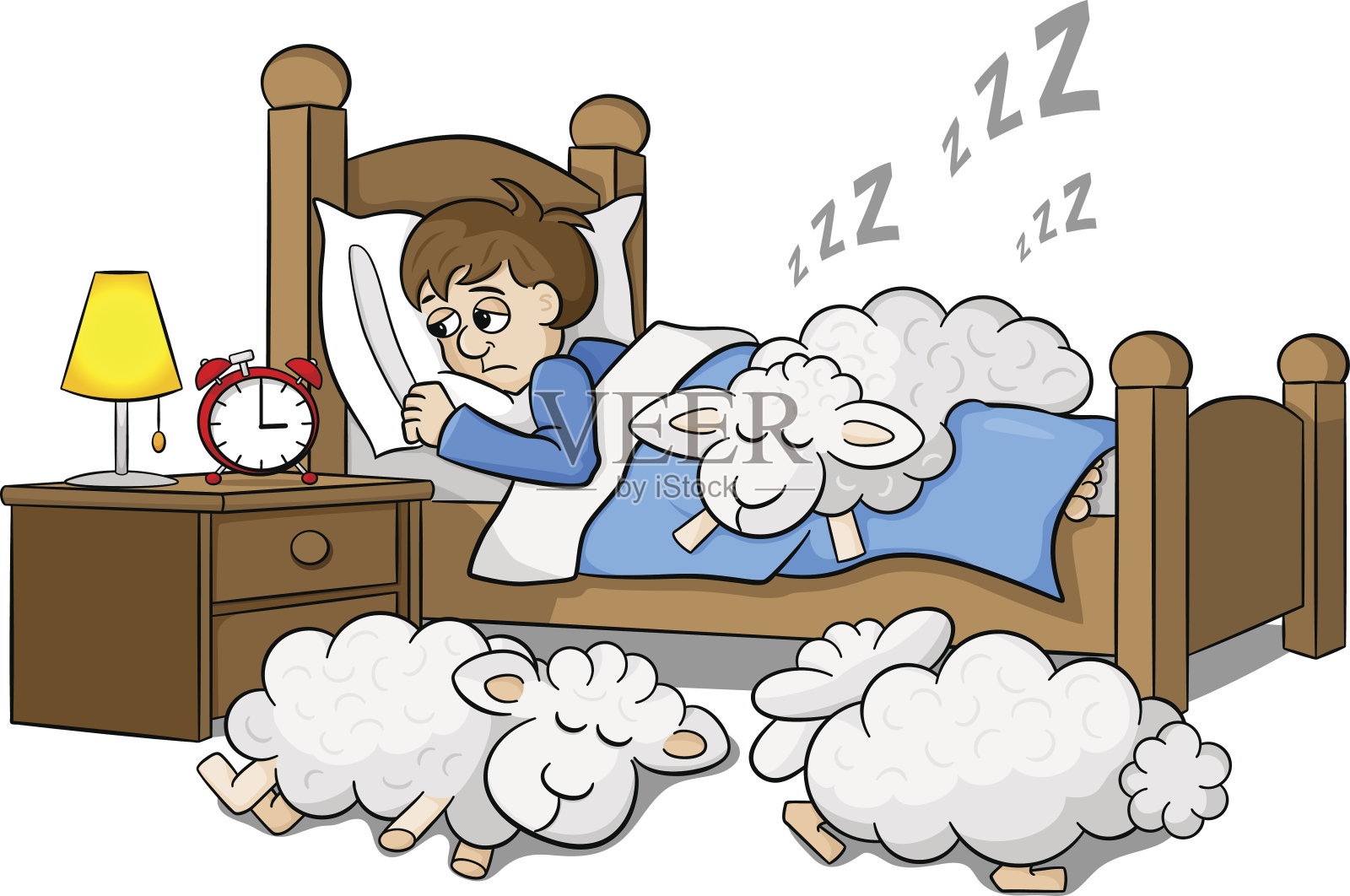 绵羊在一个失眠的人的床上睡着了插画图片素材