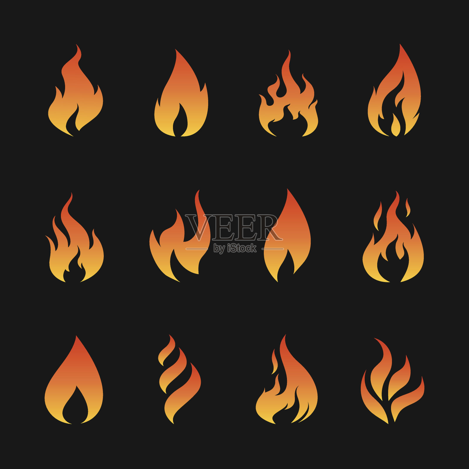 黑色背景上的向量火焰符号集设计元素图片