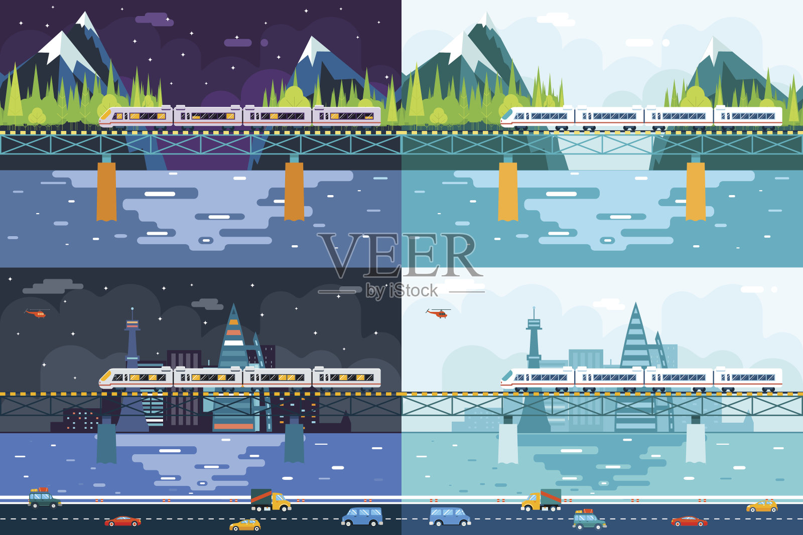 河上桥上的货车旅游和旅程标志铁路插画图片素材