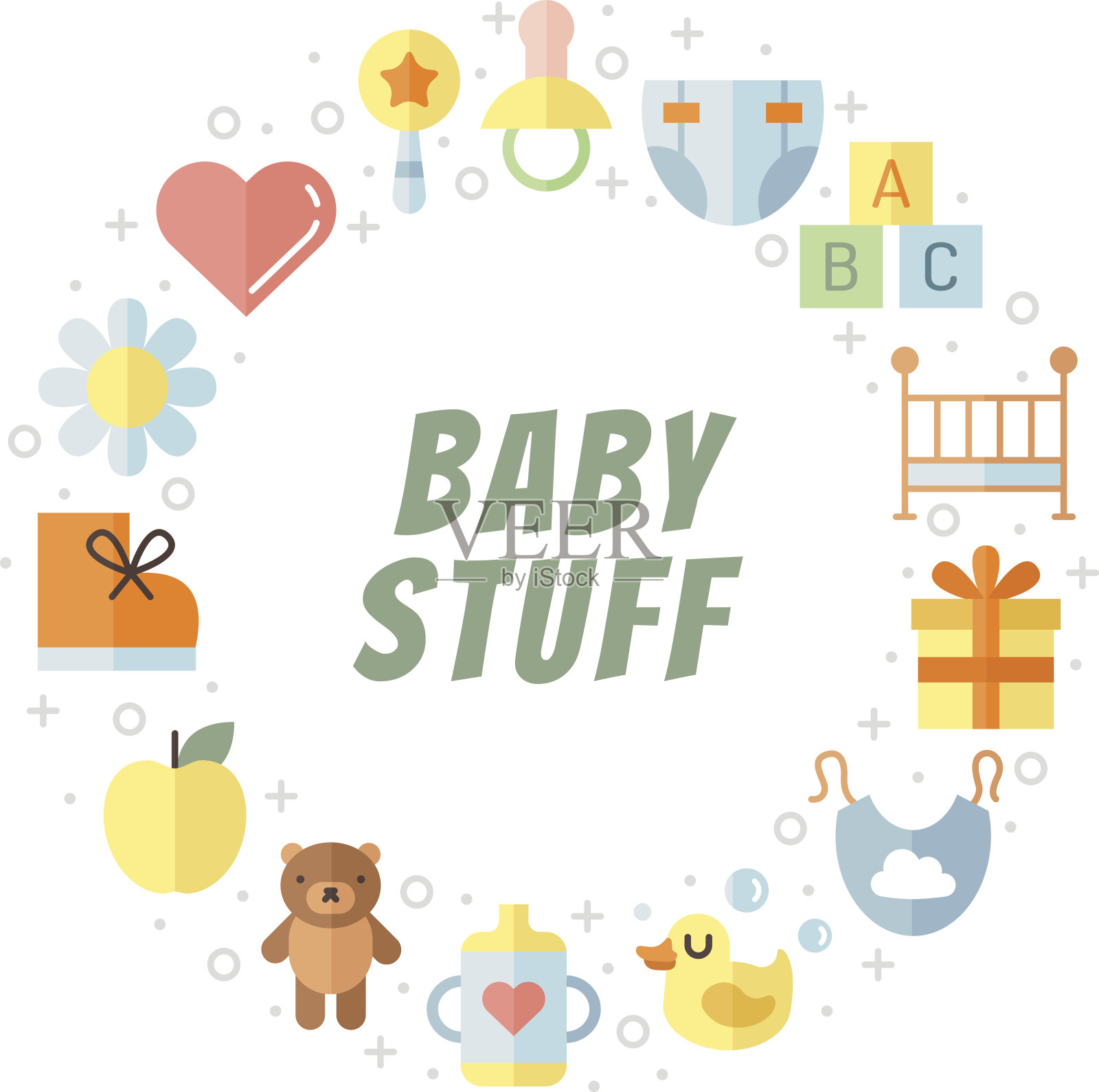 婴儿用品平面多色可爱矢量圆框架(第二部分)。插画图片素材