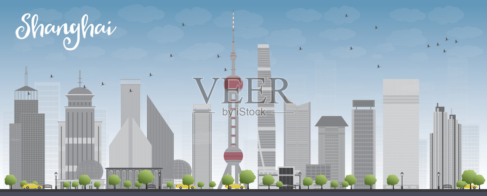 蓝色的天空和灰色的摩天大楼构成了上海的天际线插画图片素材