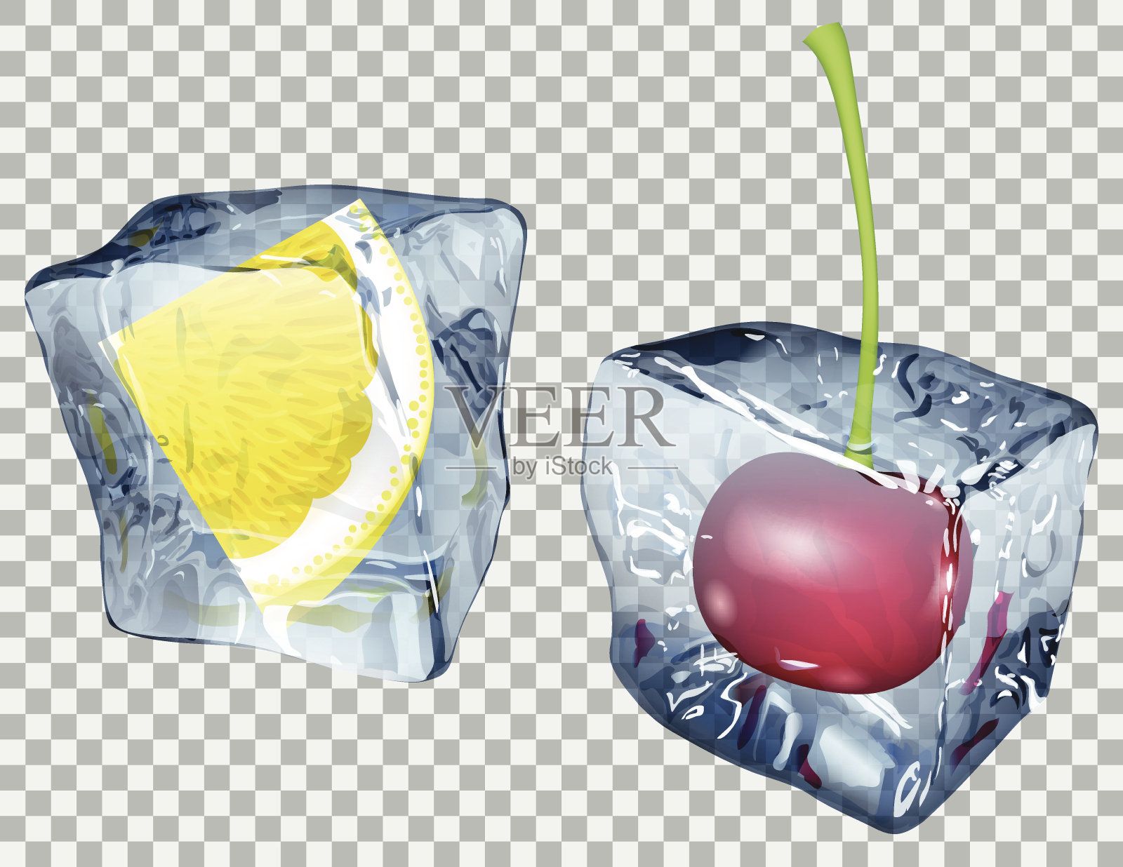 透明的柠檬和樱桃冰块插画图片素材