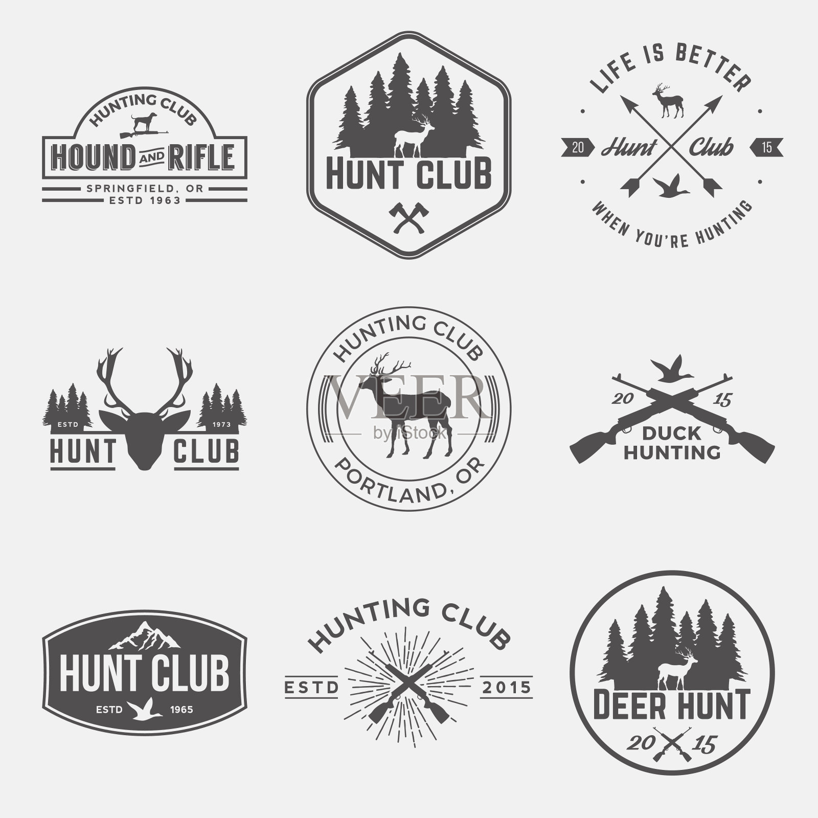 矢量狩猎俱乐部的标签，徽章和设计元素插画图片素材