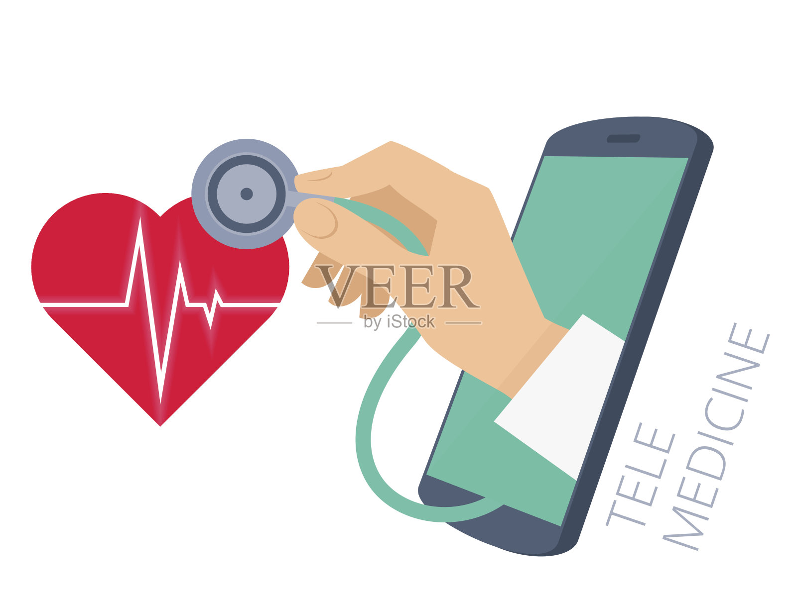 医生手持听诊器通过手机屏幕检查心跳。设计元素图片