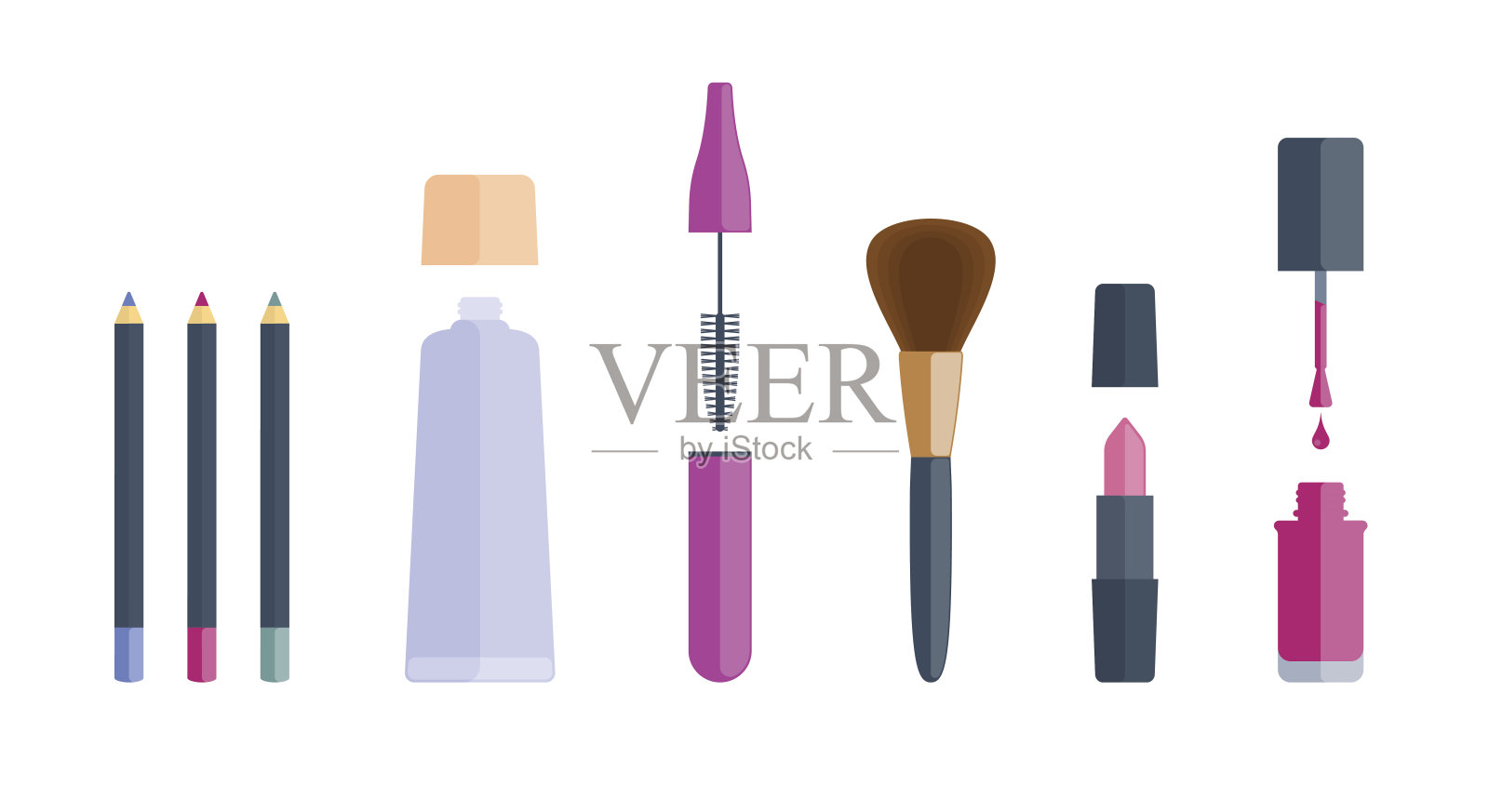 化妆品配件:唇笔、口红、眼影、睫毛刷、指甲油。插画图片素材