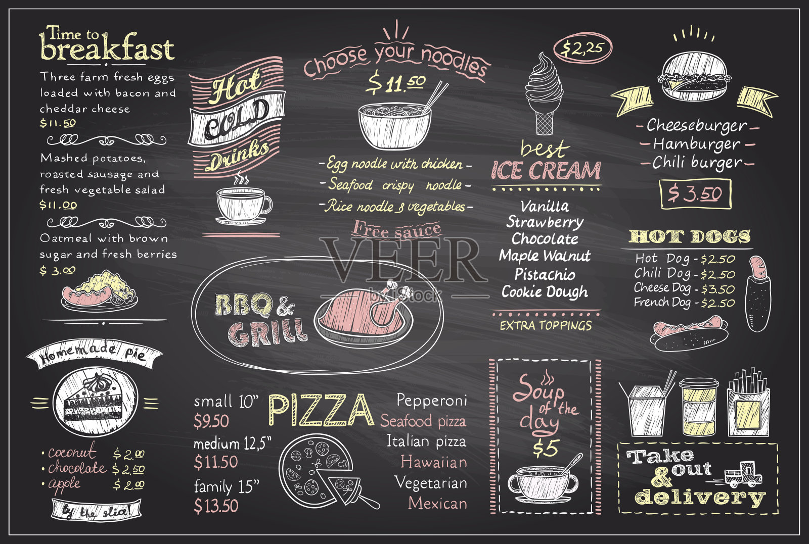 粉笔菜单列表黑板设计的咖啡馆或餐厅，早餐和午餐设计模板素材
