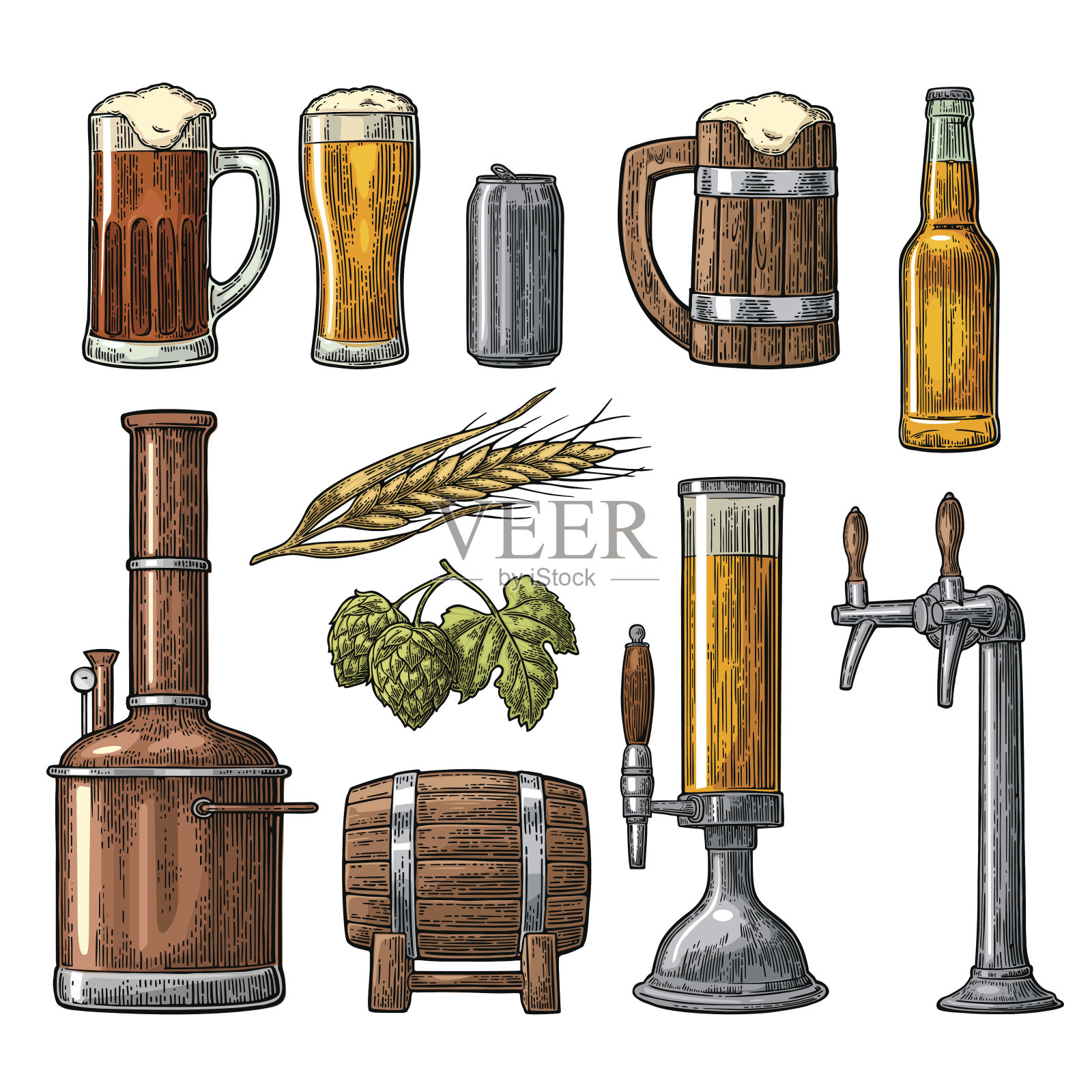 啤酒制造厂设有水龙头、级、罐、瓶、罐。插画图片素材