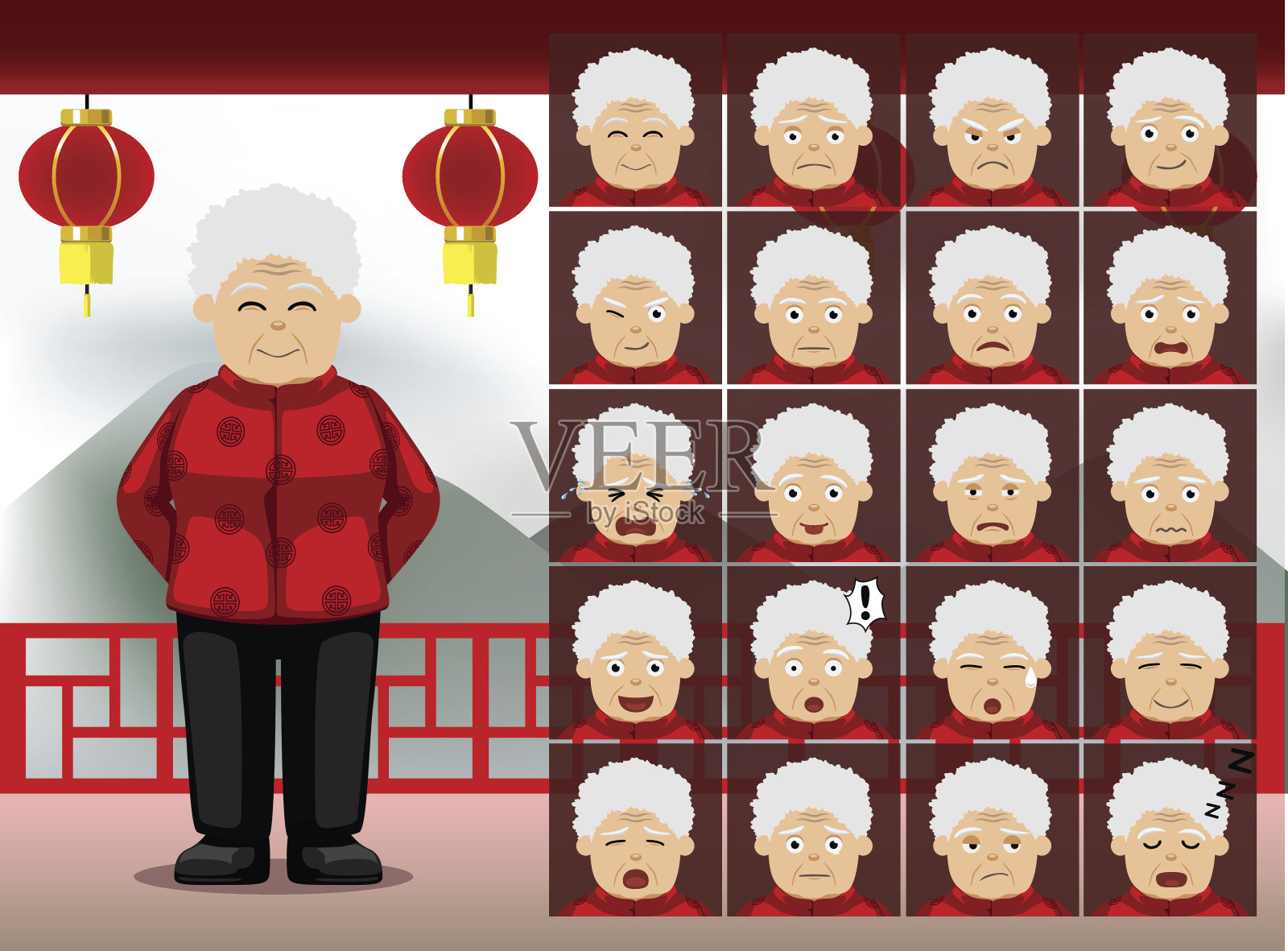 中国老妇卡通情感面对矢量插画插画图片素材