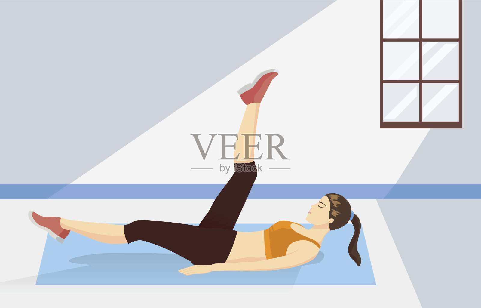 女人躺在家里的运动垫上摆动腿。插画图片素材