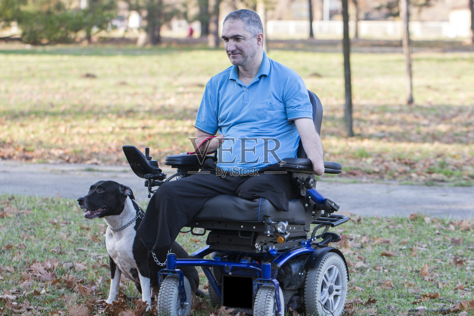 一个坐在电动轮椅上的男人和他旁边的狗照片摄影图片