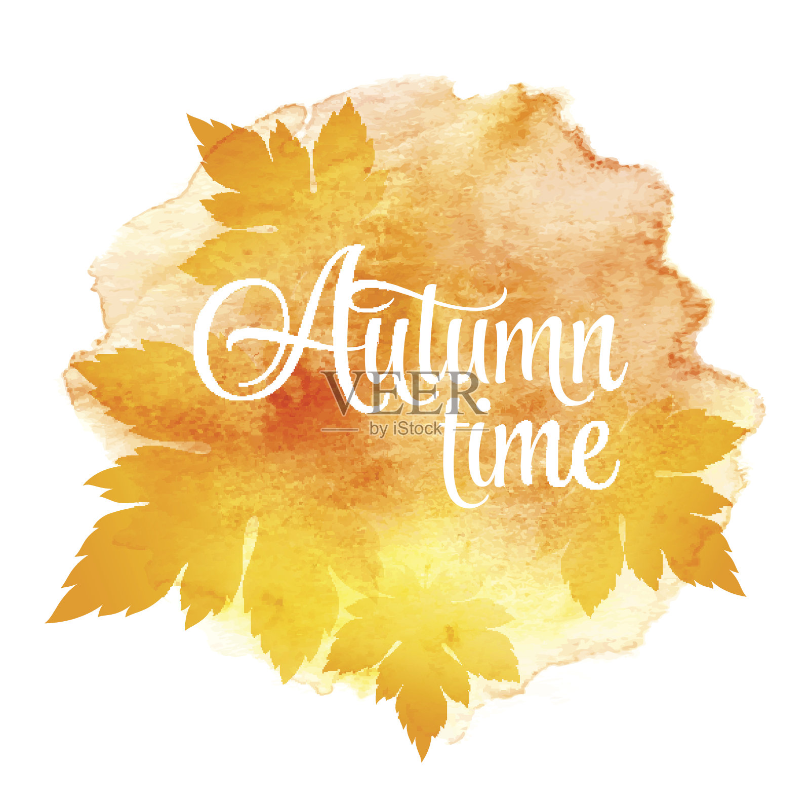 秋天的时间和三片树叶。水彩背景。矢量图设计元素图片