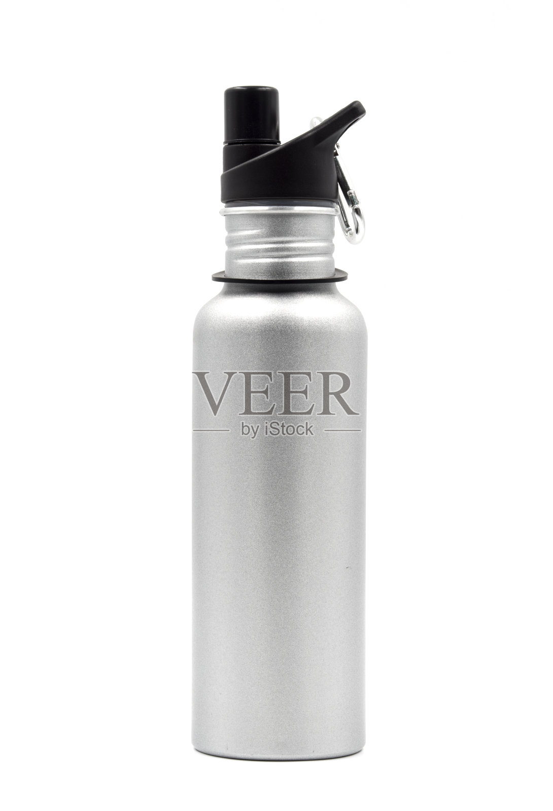 金属水瓶与一个扣夹在白色背景。照片摄影图片