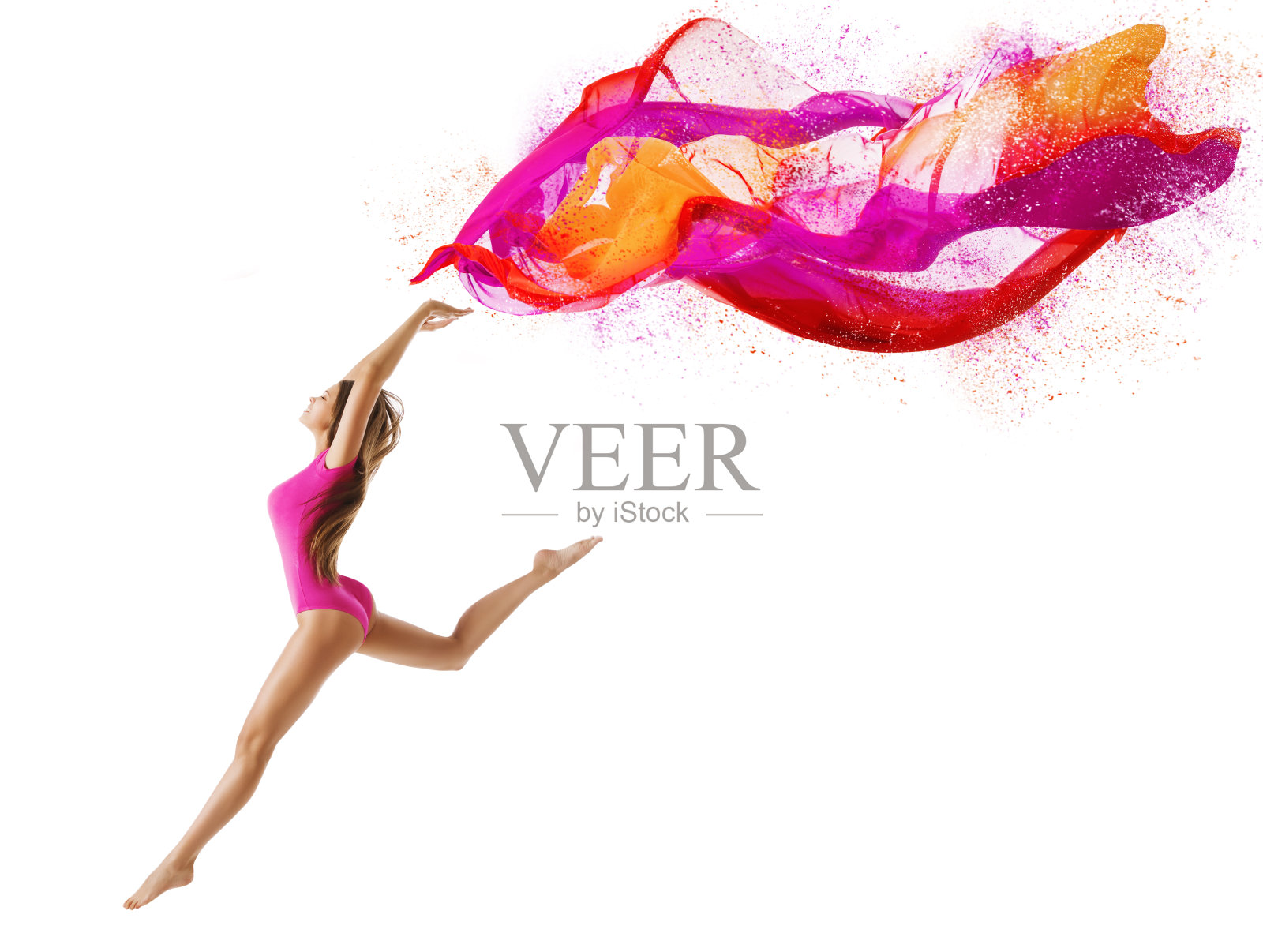 女人运动跳跃，女孩舞者飞粉红色的布，体操白色照片摄影图片