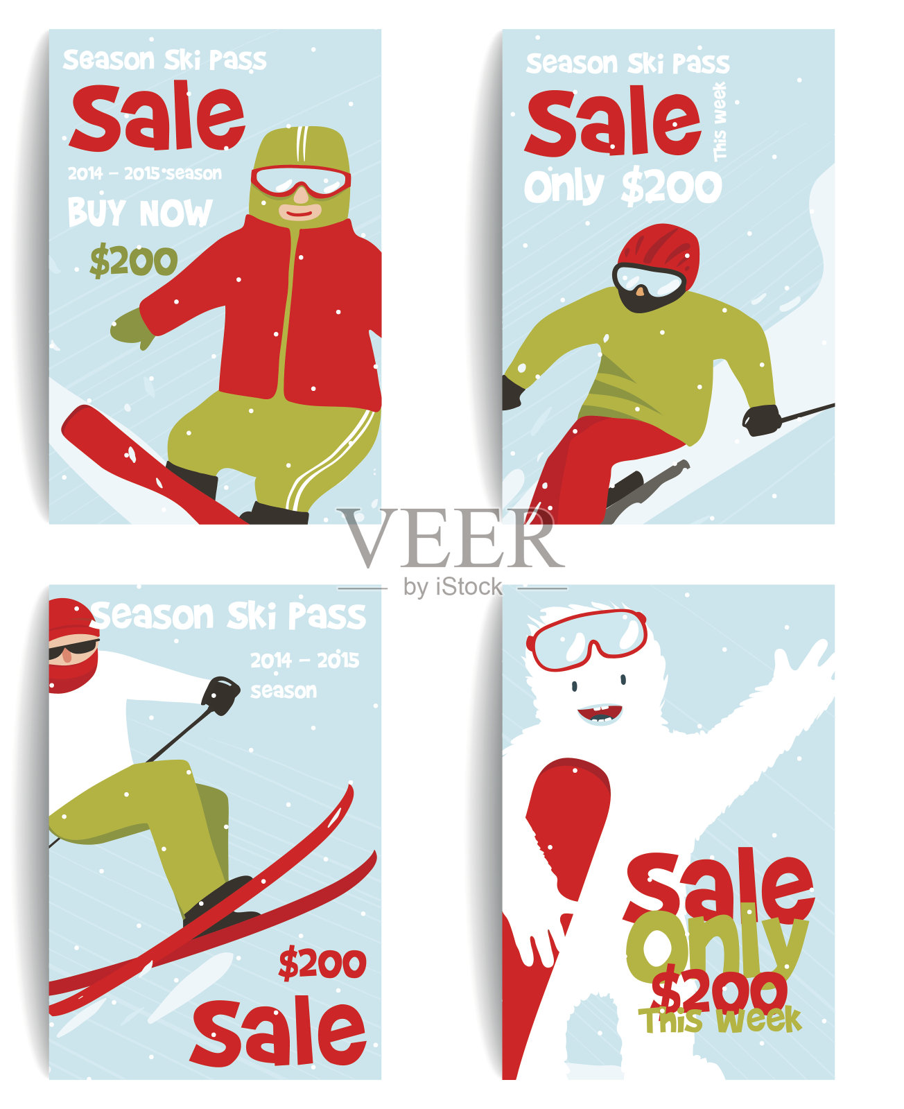 高山滑雪者彩色冬季运动传单设计模板插画图片素材