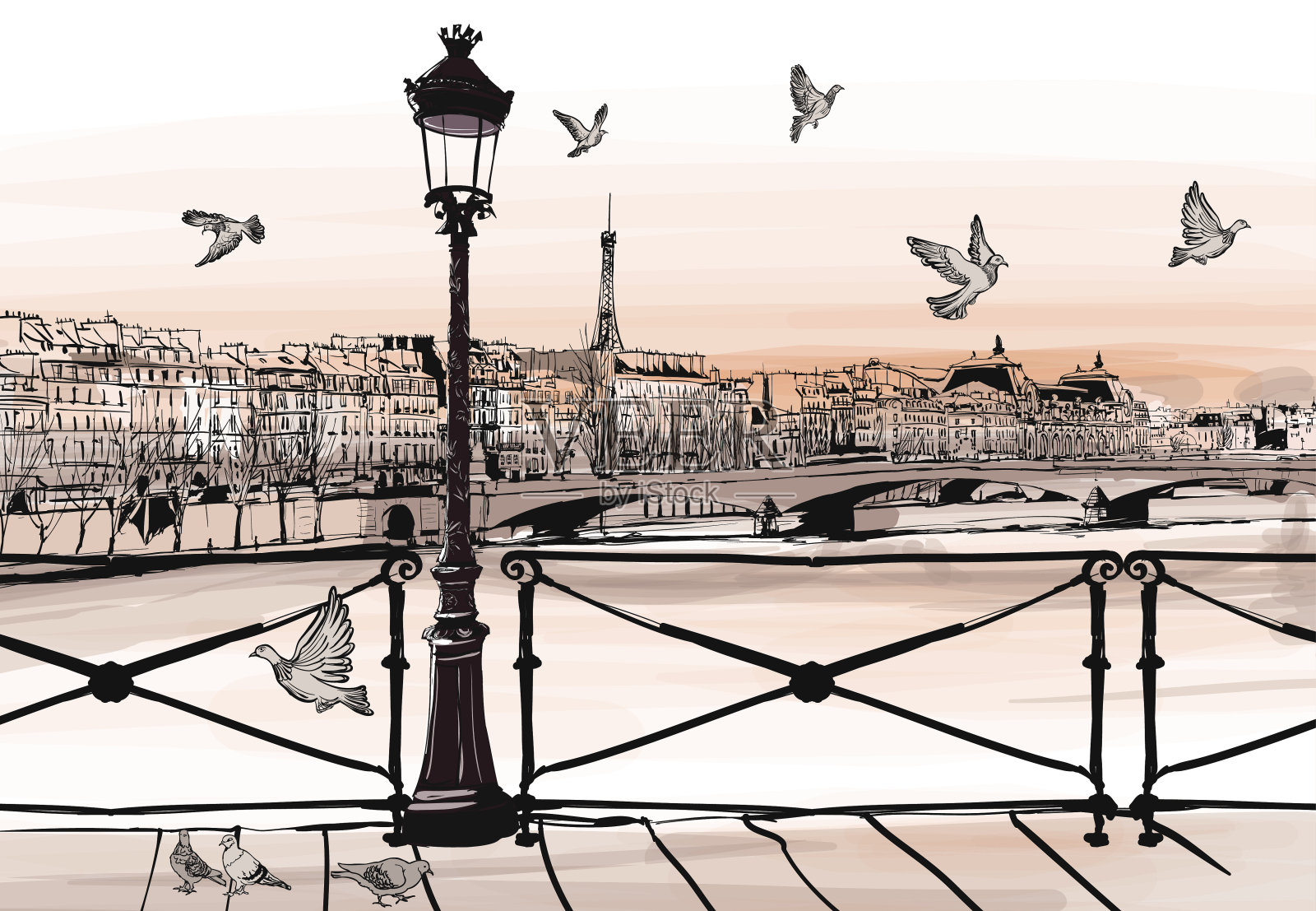 巴黎艺术桥上塞纳河上的日落插画图片素材