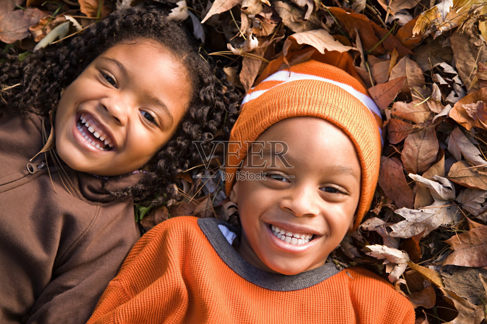 孩子们躺在树叶上照片摄影图片