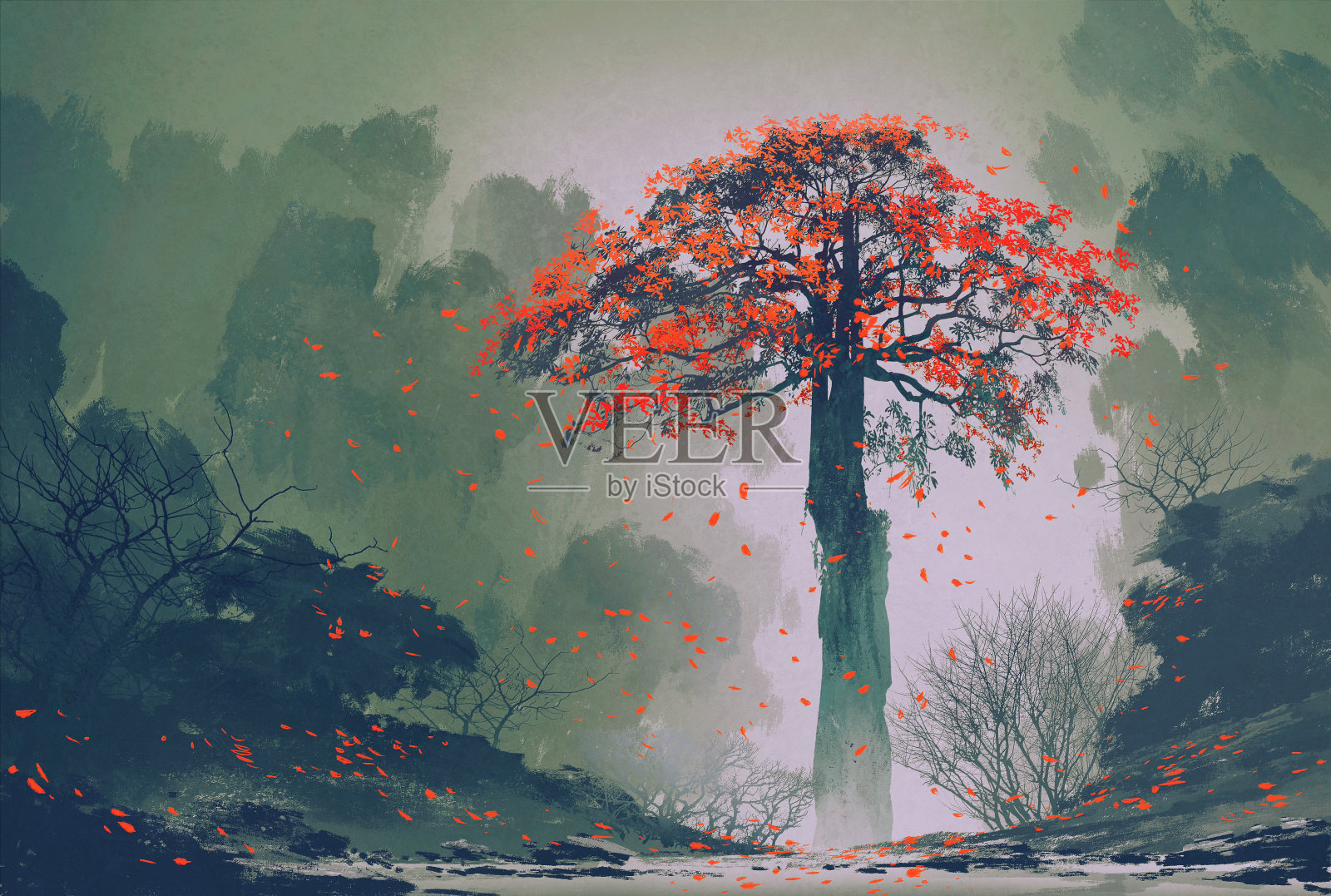 孤独的红色秋天的树在冬天的森林插画图片素材