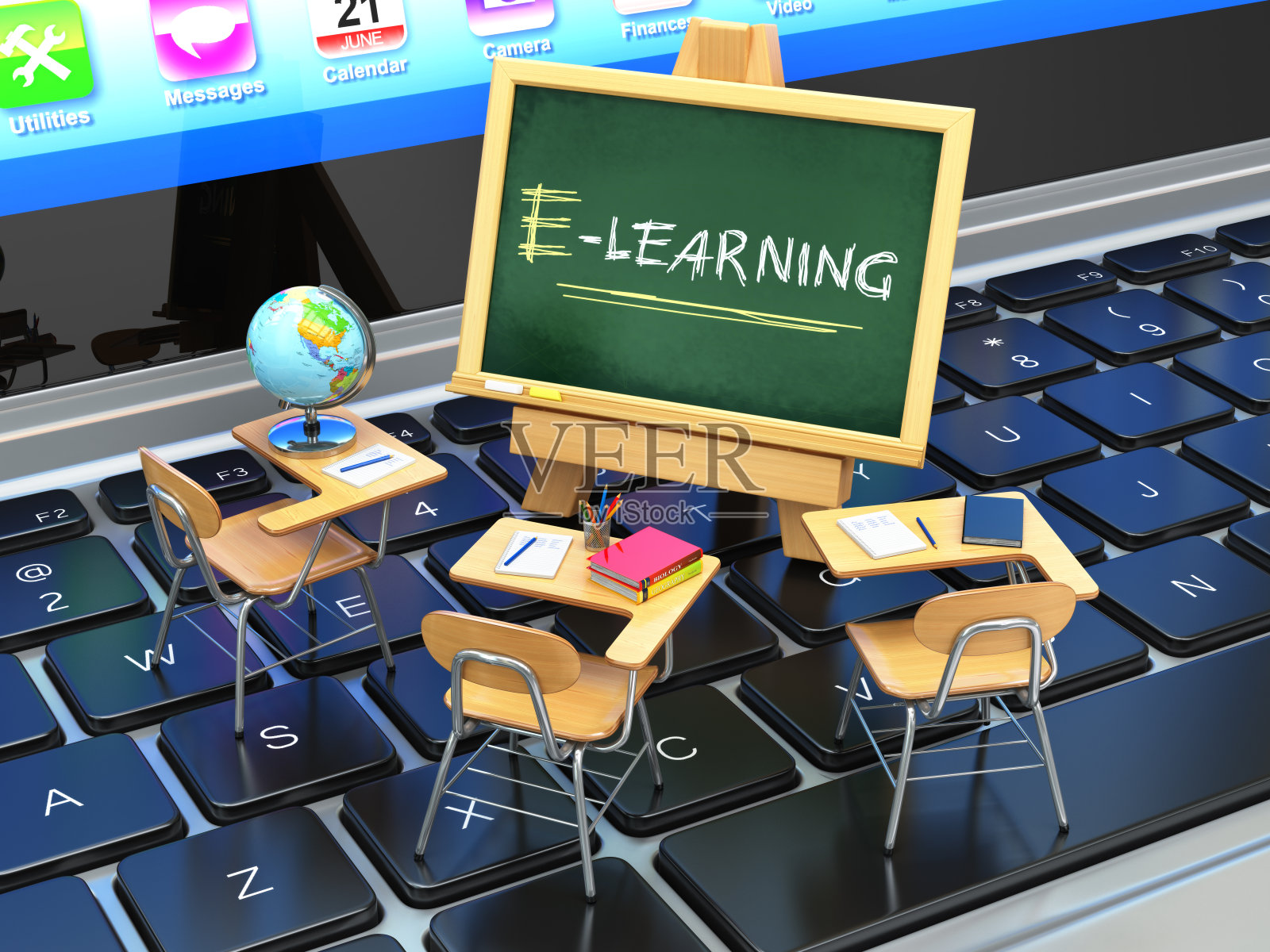 E-learning，在线教育理念。黑板和课桌照片摄影图片