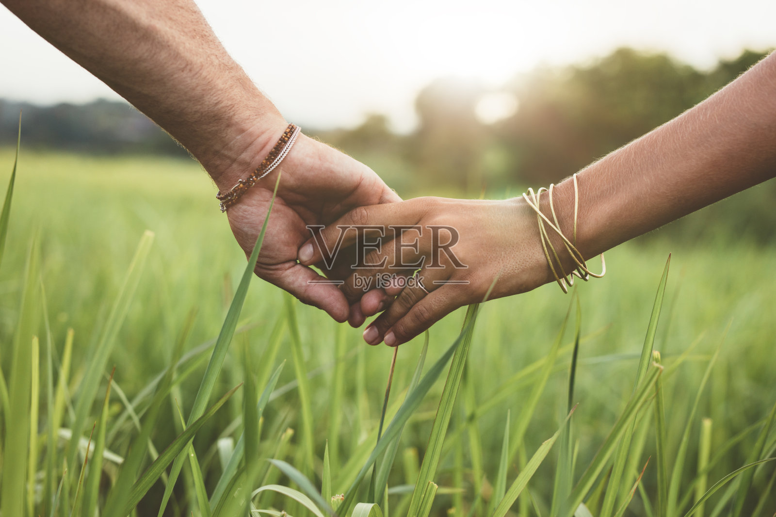 一对浪漫的情侣手牵着手在田野里照片摄影图片